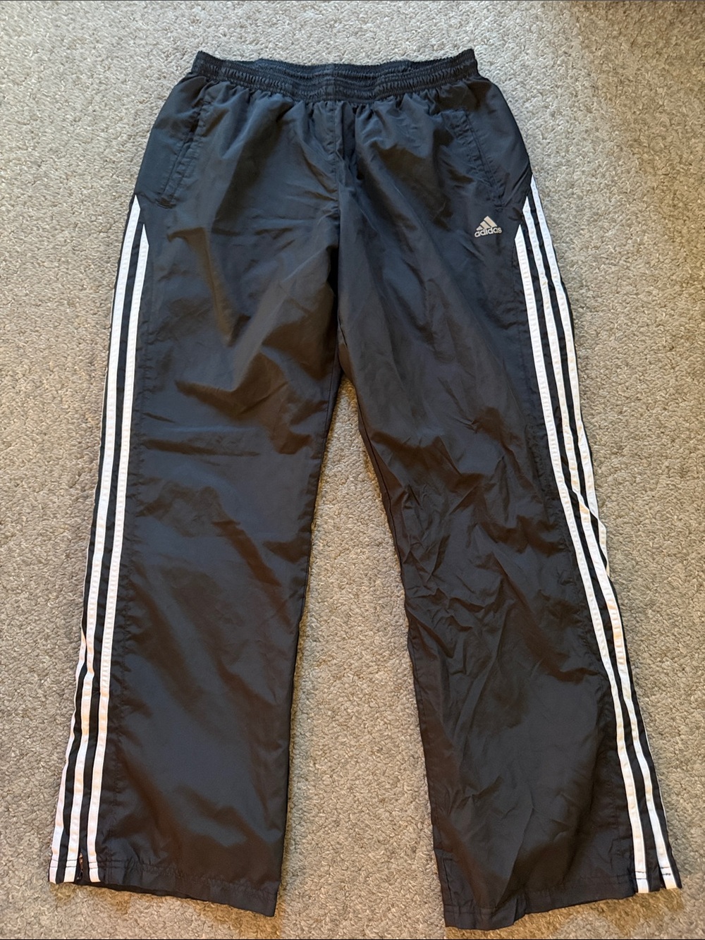 Adidas Classic Black With White Three Stripe Nylon Pants